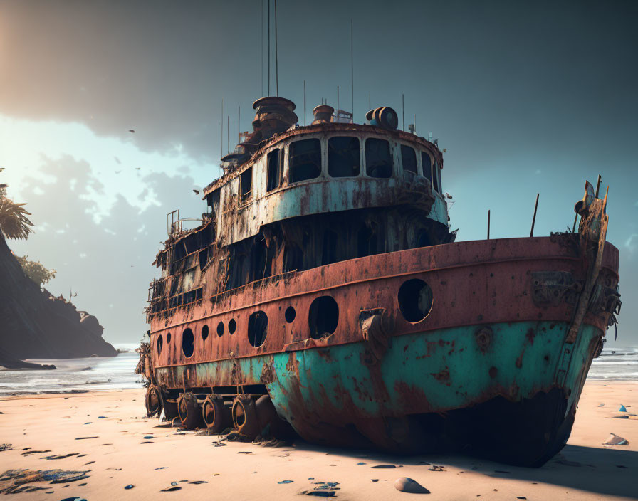 Rusted shipwreck on sandy beach with clear sky