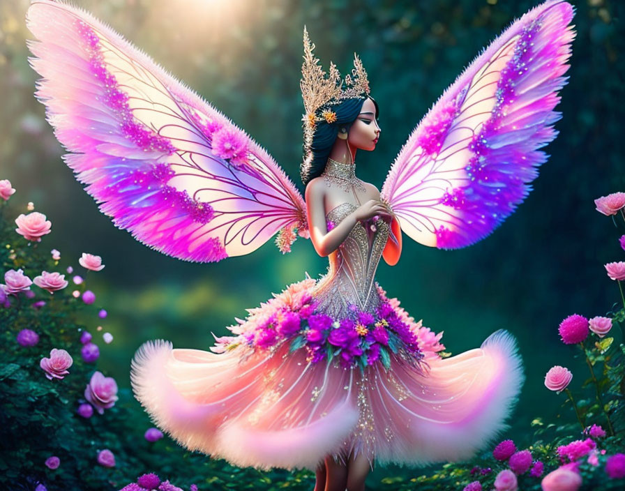 Enchanting fairy with iridescent wings in floral gown amid lush garden