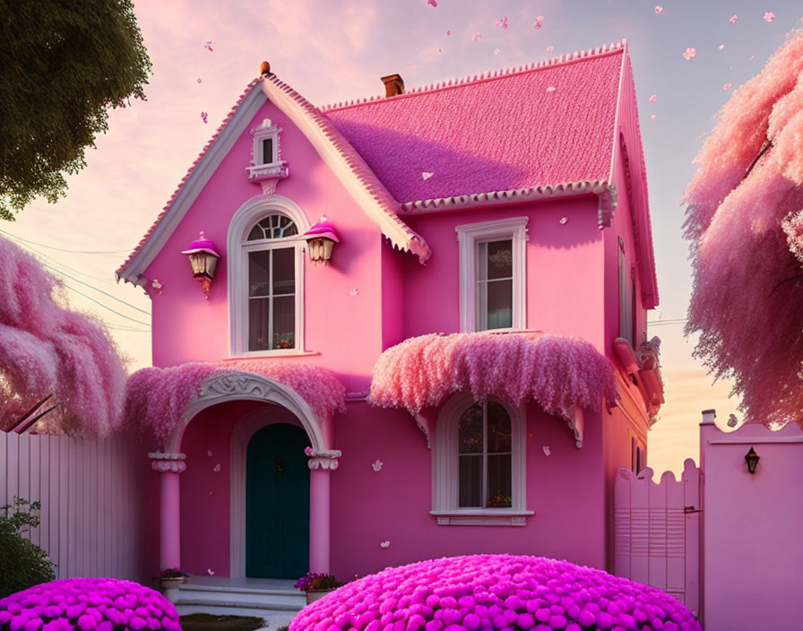 Whimsical Pink Two-Story House Surrounded by Pink Foliage