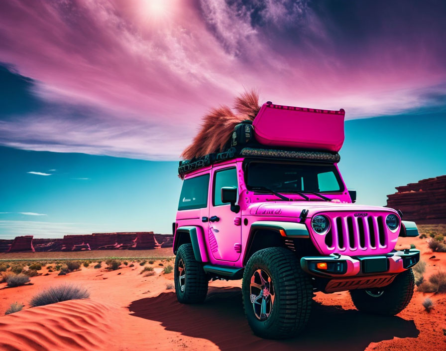 Pink Jeep with Rooftop Tent in Desert Landscape