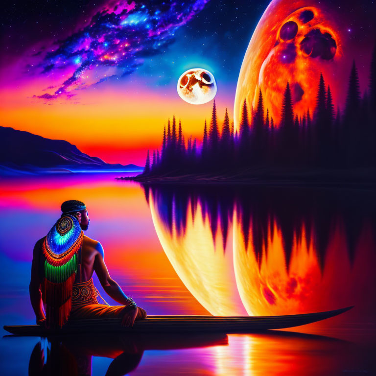 Person in Cultural Attire on Canoe Under Surreal Sky with Moon and Planet