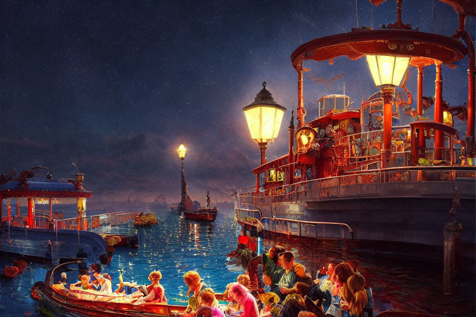 Vintage steamboat boarding scene at dock under warm dusk lights