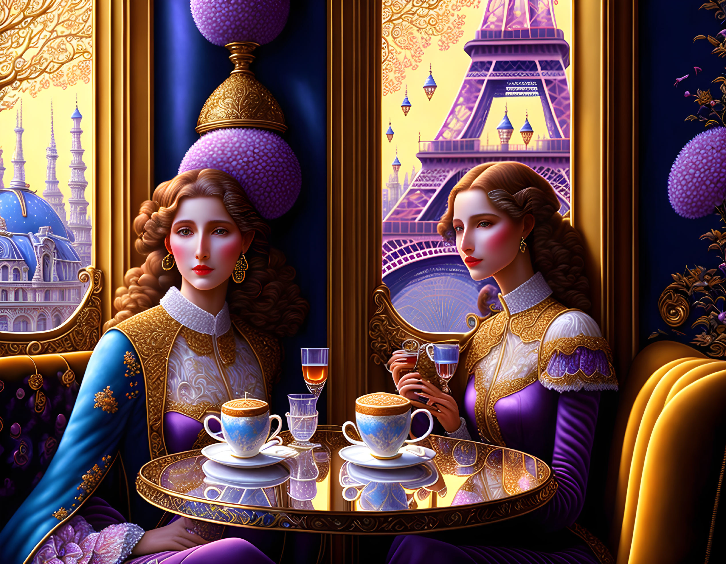 Two women in royal attire having tea with Eiffel Tower view.