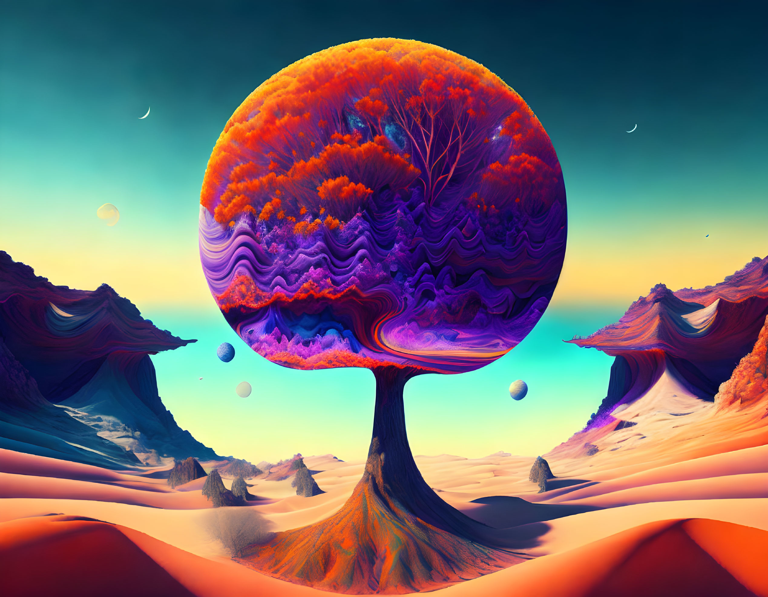 Colorful surreal landscape with circular tree and floating orbs in orange desert.