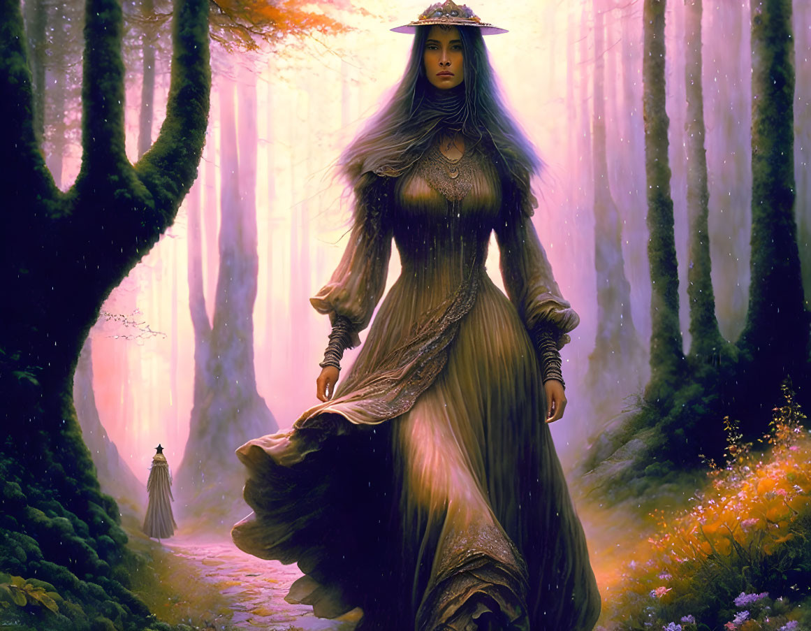 Elaborately dressed female figure in mystical forest with glowing foggy background