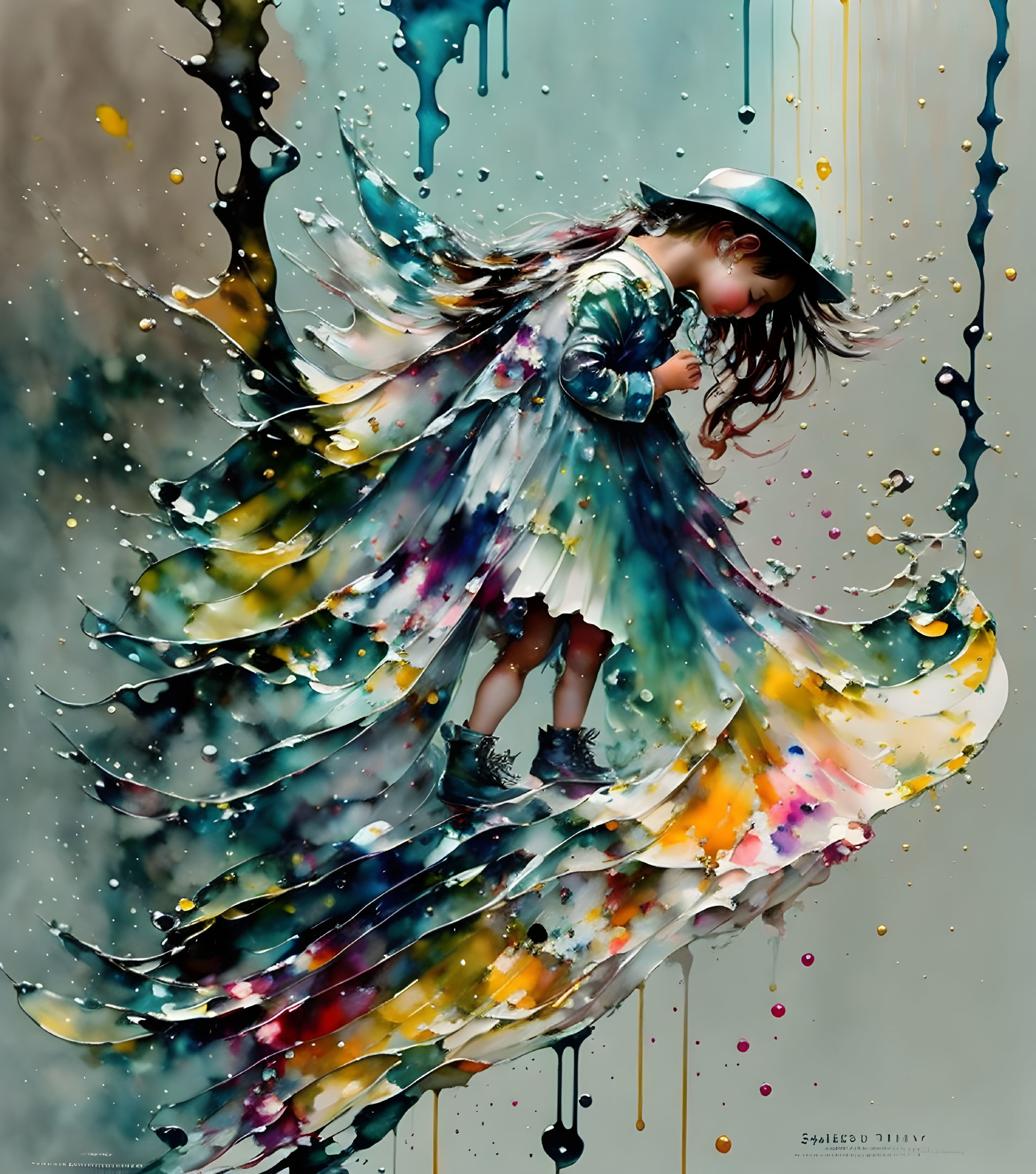 Whimsical girl in flowing dress dances with paint splashes