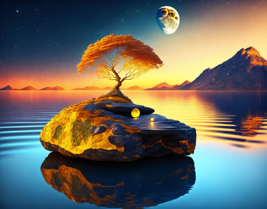 Golden-leaved tree on rock in tranquil waters at sunset with mountains and large moon.