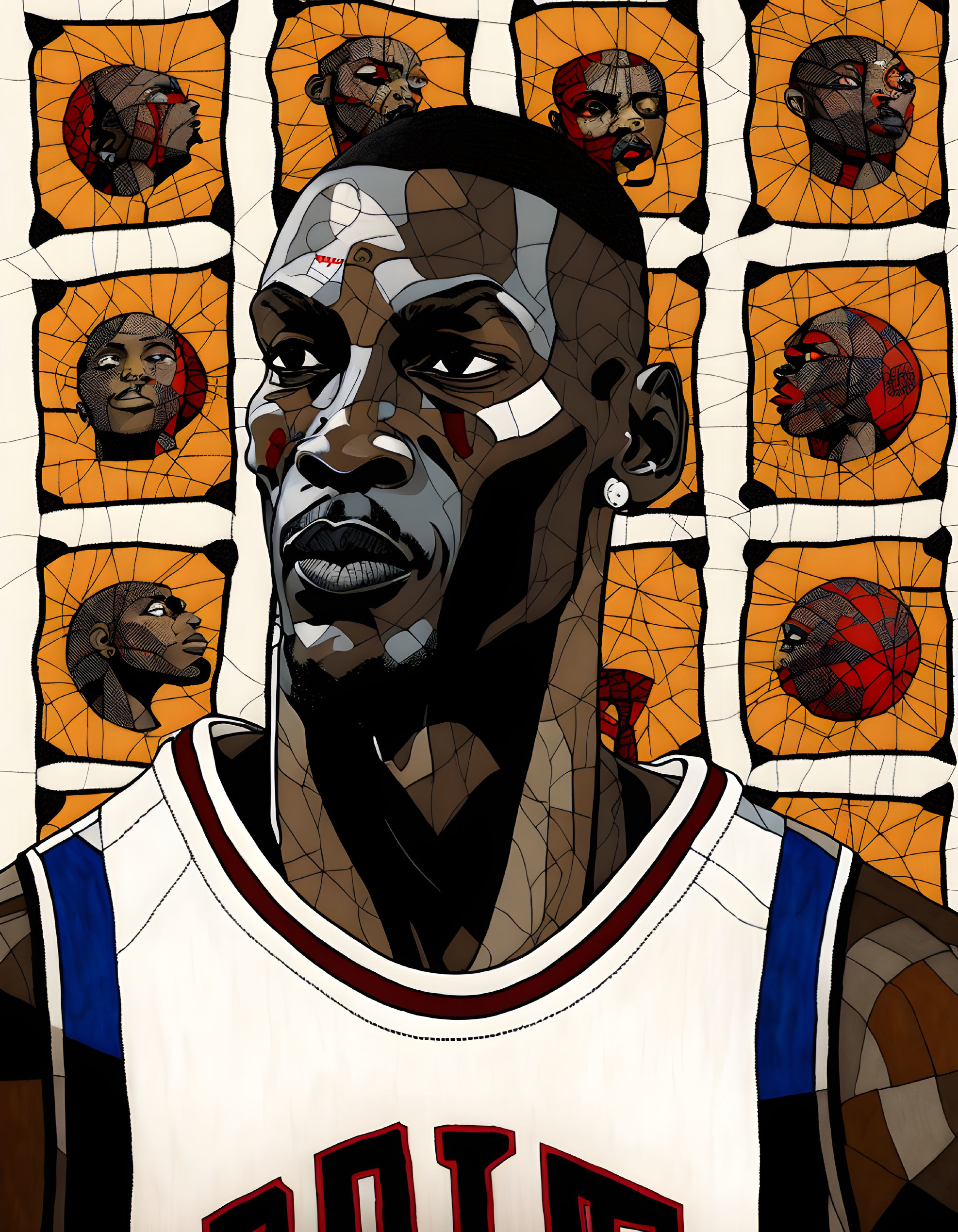 Geometric basketball player portrait with stained glass aesthetic