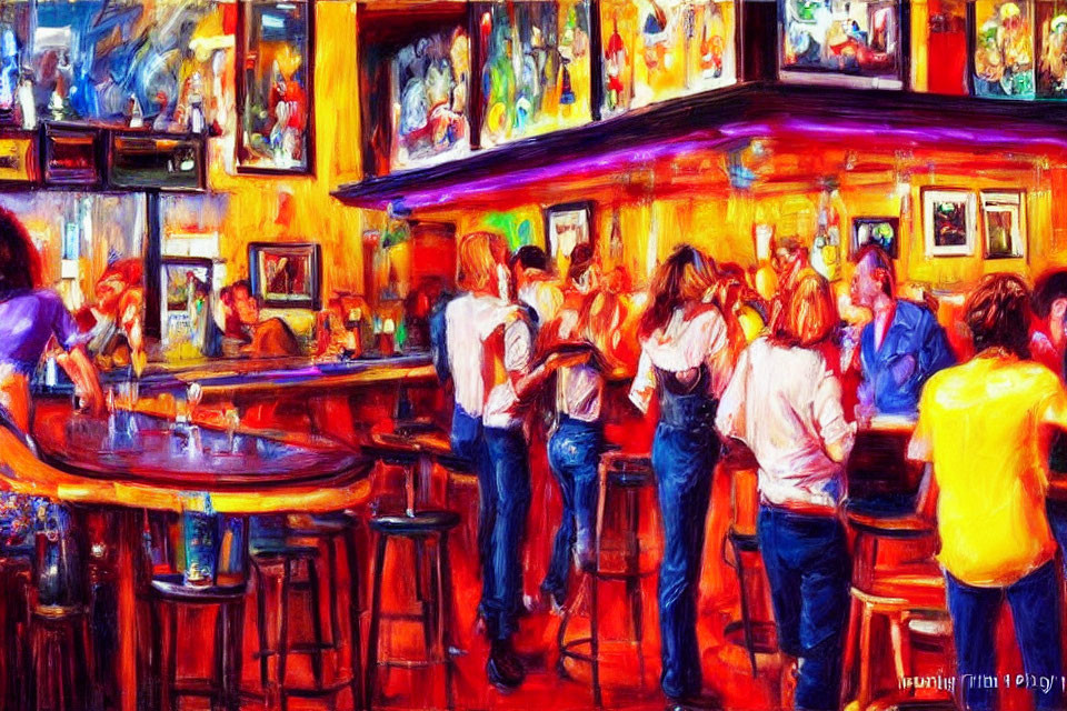 Colorful painting captures lively bar scene with socializing and dancing.