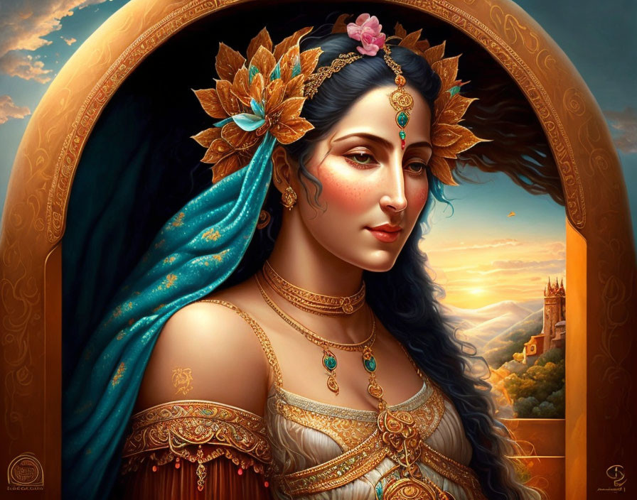 Regal woman with gold and blue headpieces and castle scenery