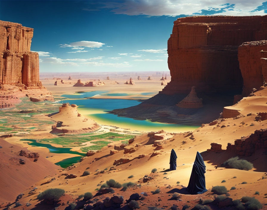 Desert dune with figures overlooking oasis and sandstone formations