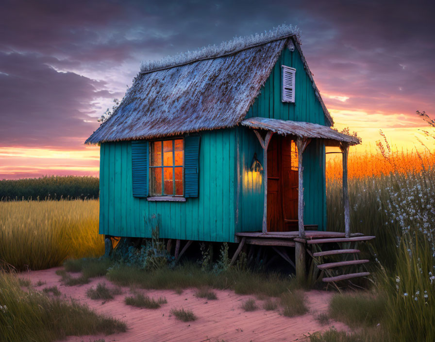 Blue wooden cottage with thatched roof in sunset landscape.