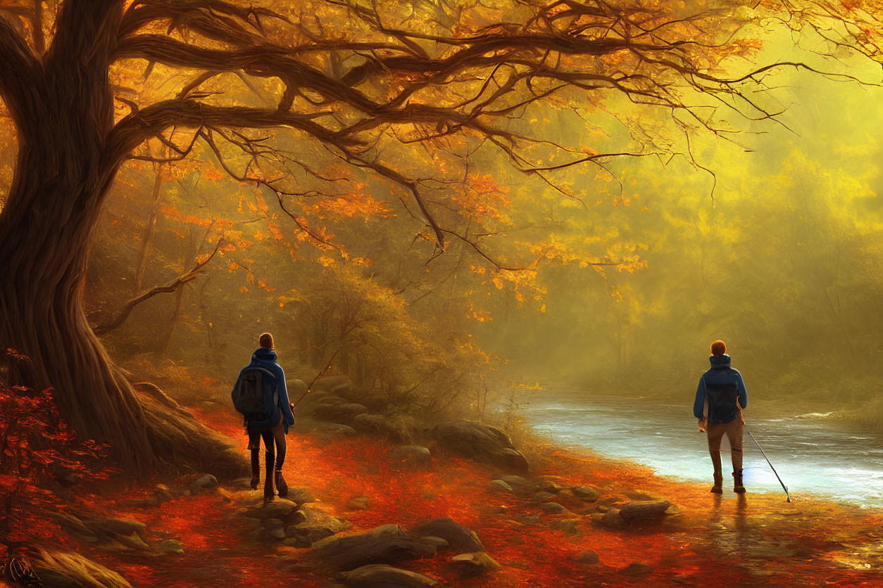 Autumnal forest scene: Two hikers by river in sunlight