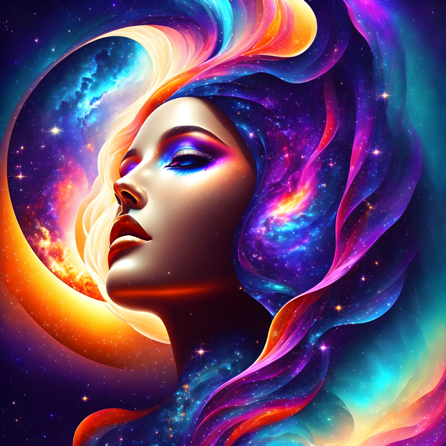 Colorful Woman's Profile with Cosmic Hair and Celestial Elements