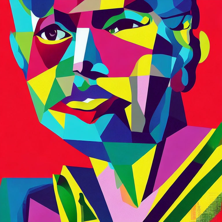 Vibrant Abstract Portrait with Geometric Shapes in Red, Blue, Yellow, and Green