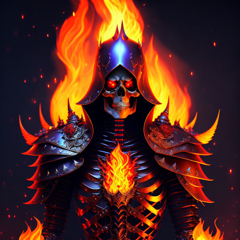 Fantasy warrior with skull head in fiery armor on dark background