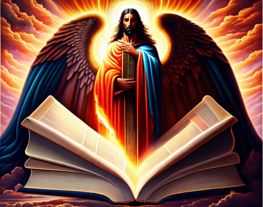 Angelic figure with wings and halo by glowing book in sky