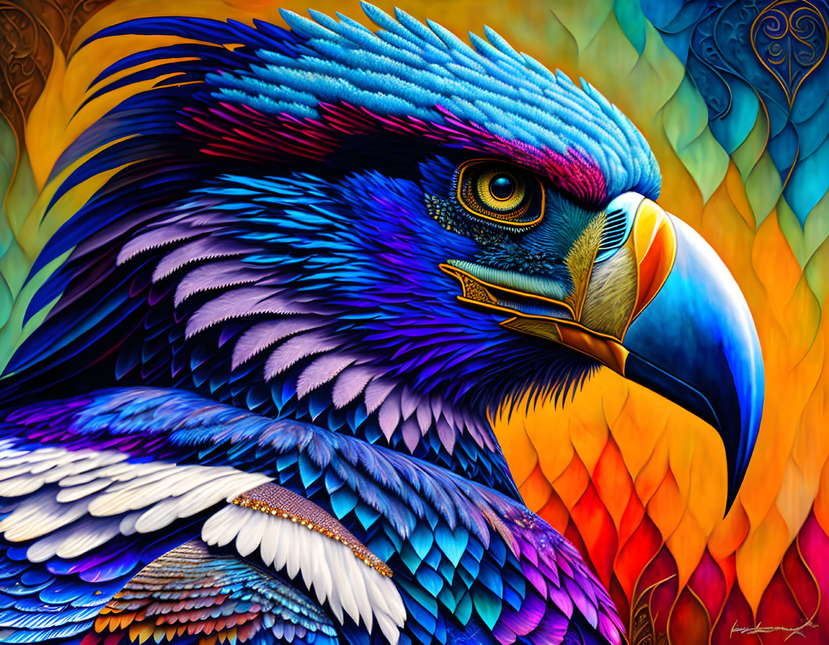 Detailed vibrant digital painting of colorful eagle head with intricate feather patterns and yellow beak.