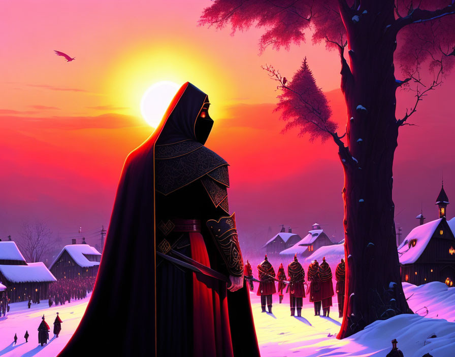 Cloaked figure observing soldiers in snowy village at sunset