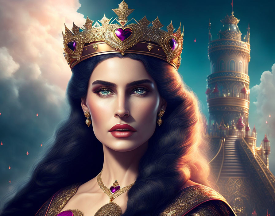 Illustrated queen with golden crown in front of fantasy castle and dramatic sky