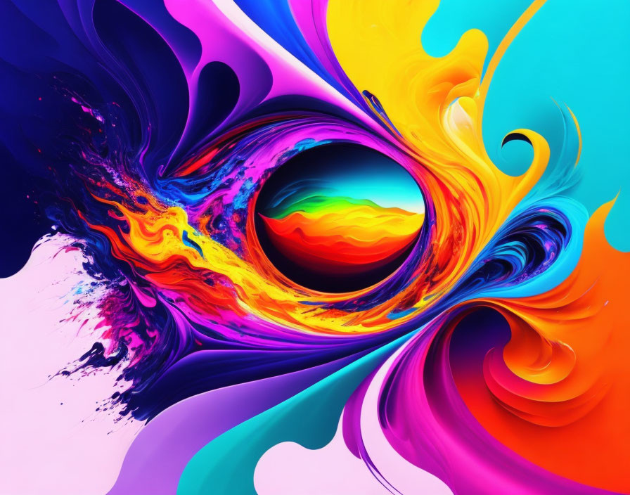 Colorful Abstract Art: Swirling Blue, Pink, Yellow, and Purple around Black Sphere