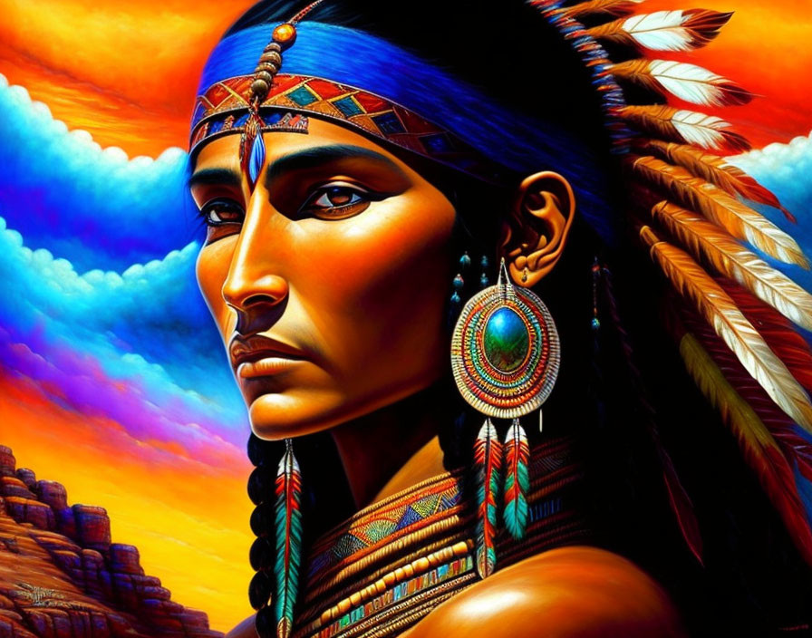 Colorful Native American Man Illustration with Traditional Headdress