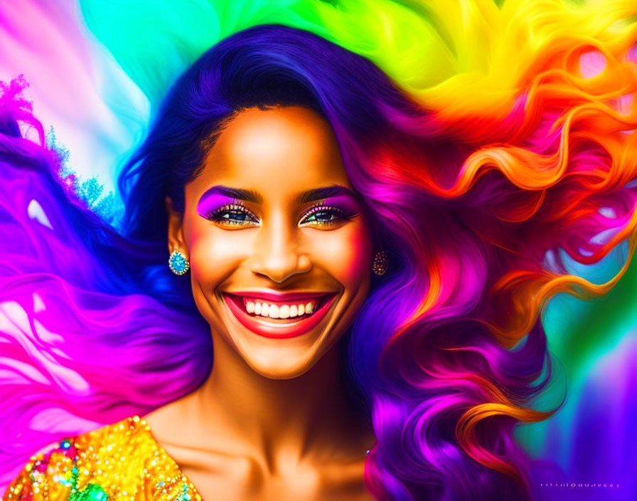 Colorful Portrait: Smiling Woman with Rainbow Hair & Glittery Makeup