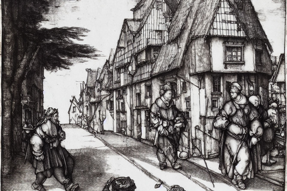 Etching of a village street with half-timbered houses and townsfolk.