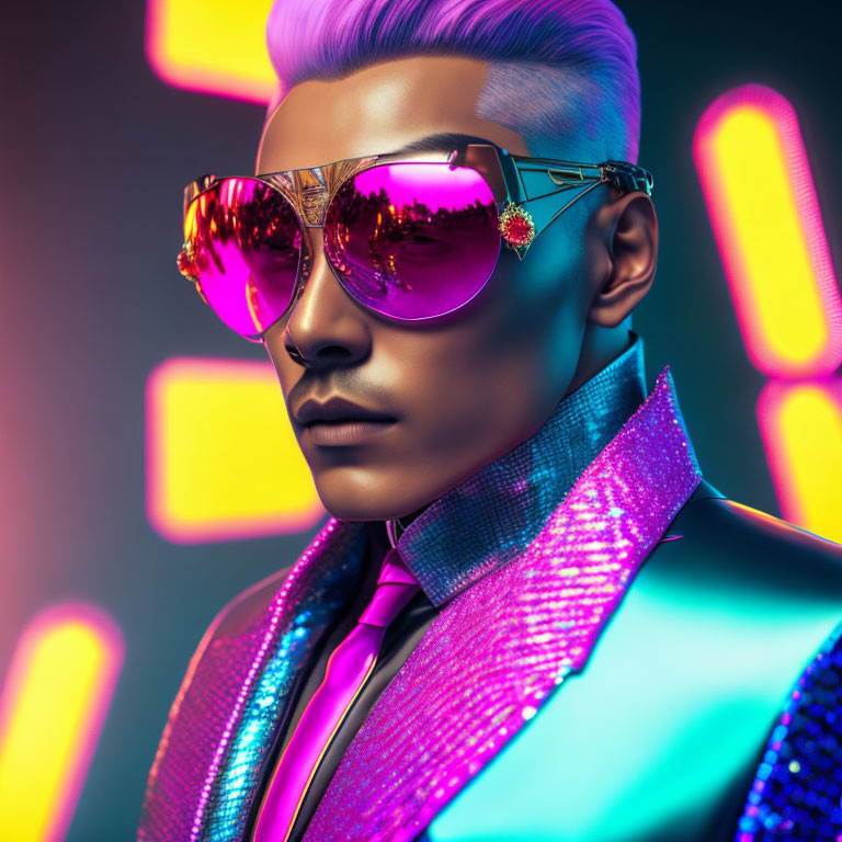 Stylish person with silver hair in blue suit and sunglasses on neon-lit background