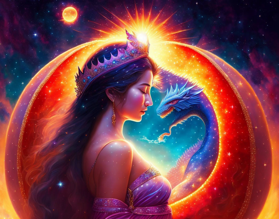 Regal woman with glowing crown and blue dragon in cosmic scene