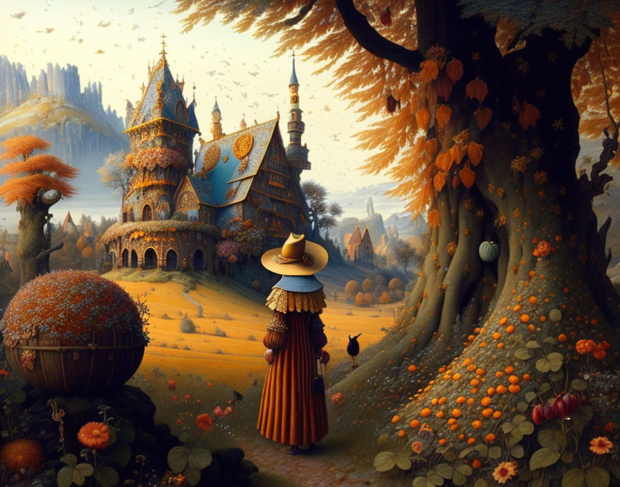 Person in hat by autumnal path to ornate castle in fantastical landscape