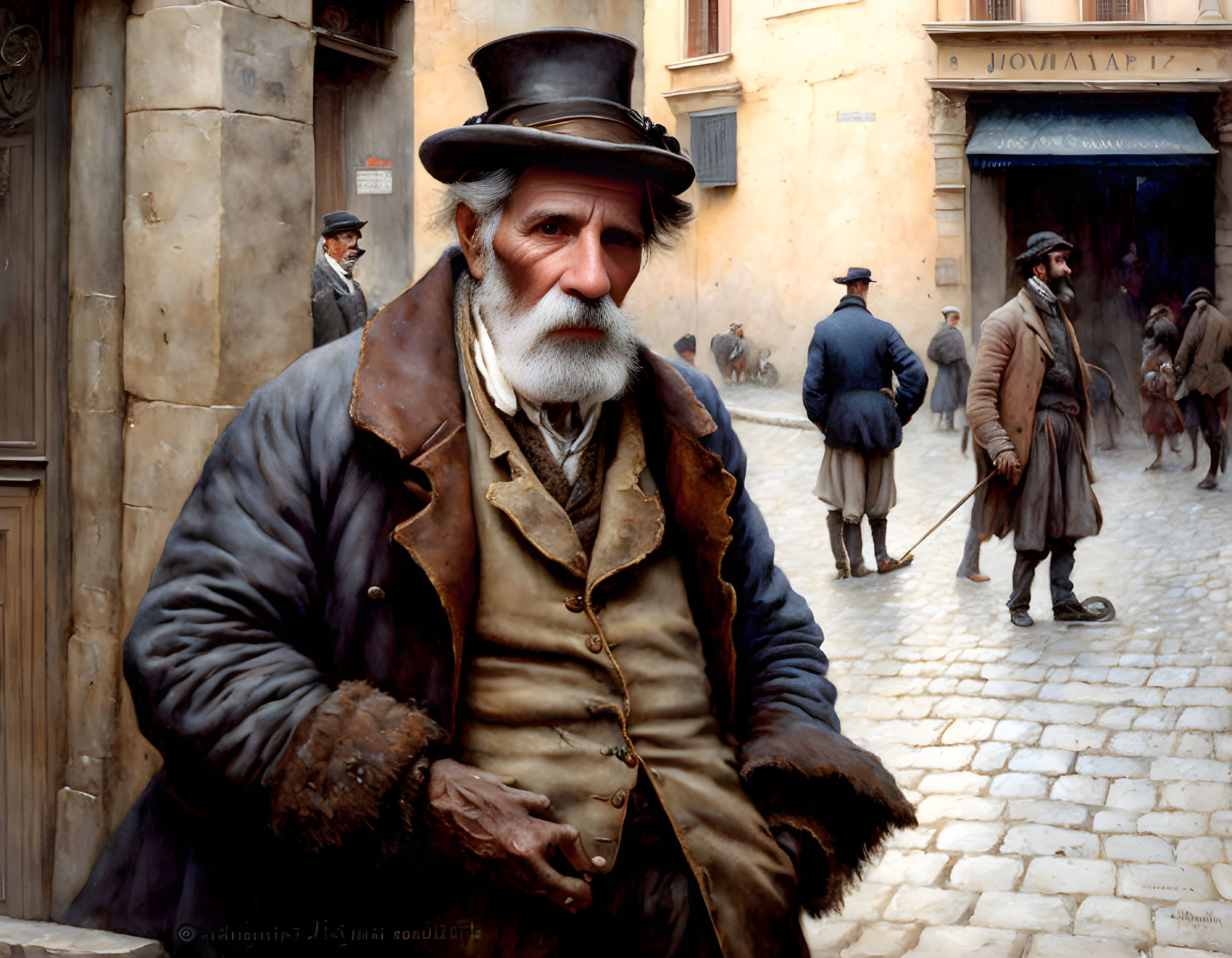 Elderly man in top hat and fur coat on old-fashioned street