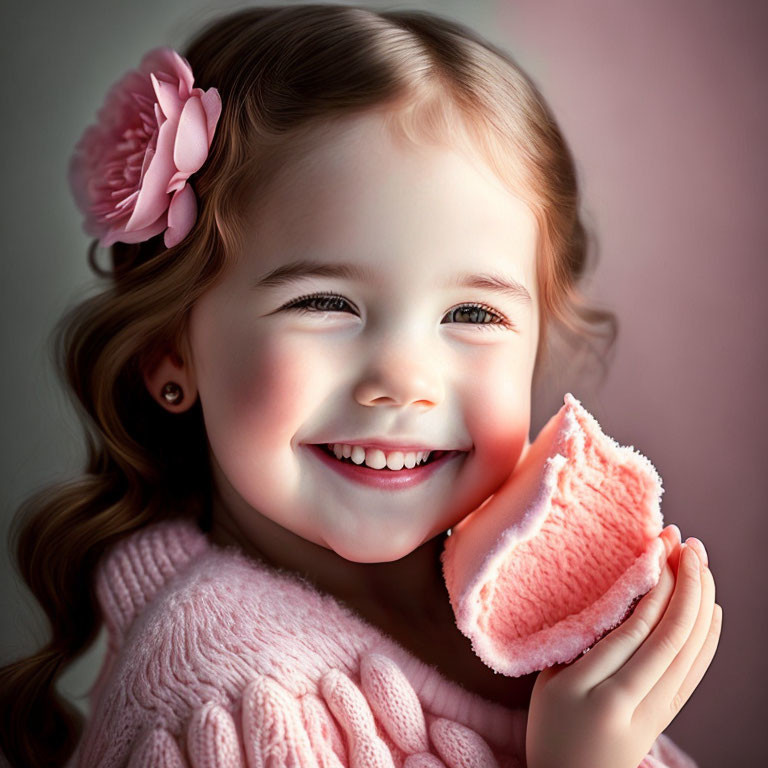 Young girl with pink flower in hair and cozy sweater holding fluffy fabric, smiling joyfully