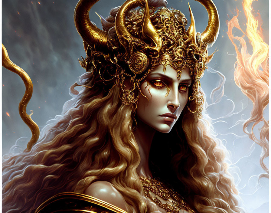 Fantasy illustration of woman with horns and golden headgear amidst ethereal flames