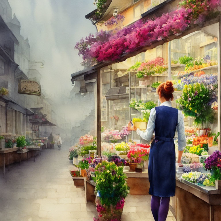 Woman in Blue Apron at Colorful Flower Shop on Quaint Street