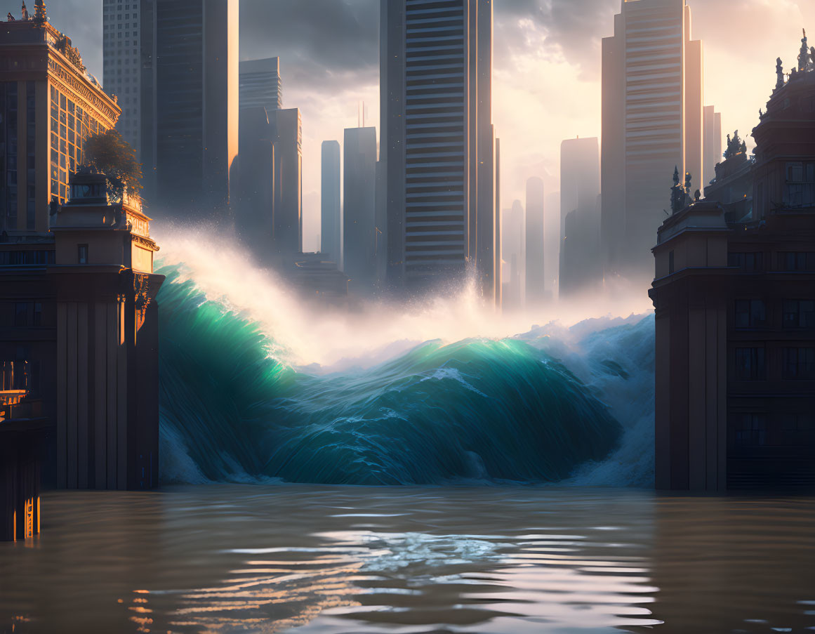 Digital artwork: Sunset tidal wave over cityscape