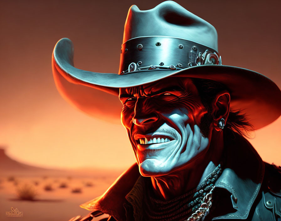 Smiling cowboy with large hat in red tones on desert background