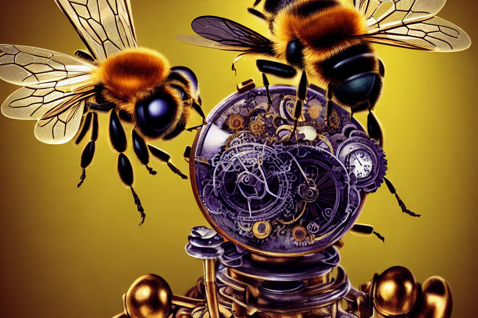 Realistic bees with mechanical details around intricate gear sphere on golden background