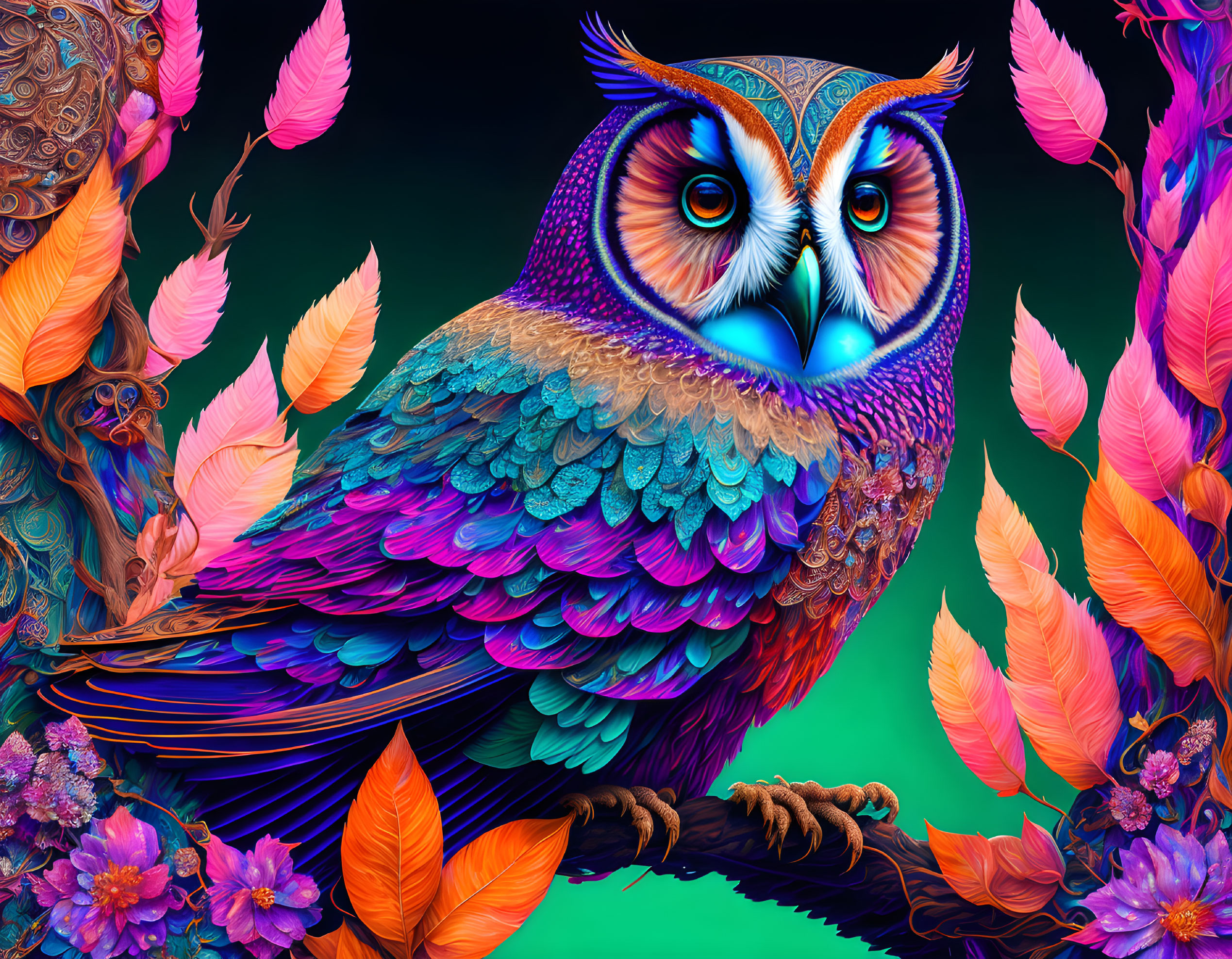 Colorful Owl Artwork with Intricate Feather Patterns on Branch