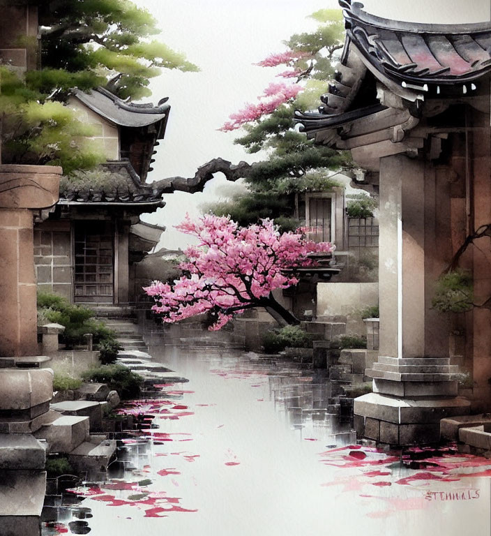 Serene water canal with cherry blossoms and traditional East Asian architecture