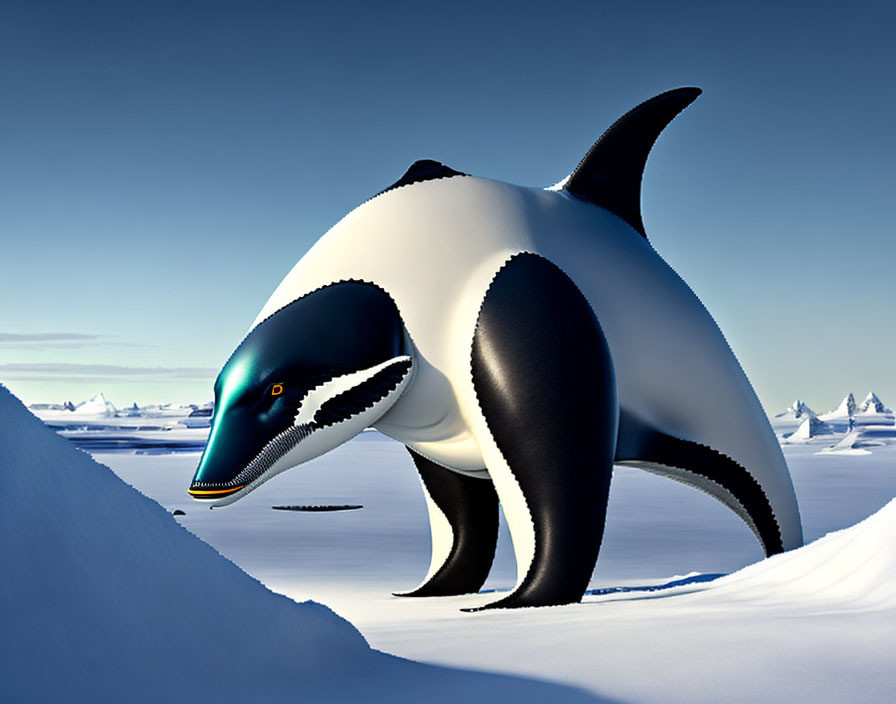 Stylized 3D orca in snowy polar landscape