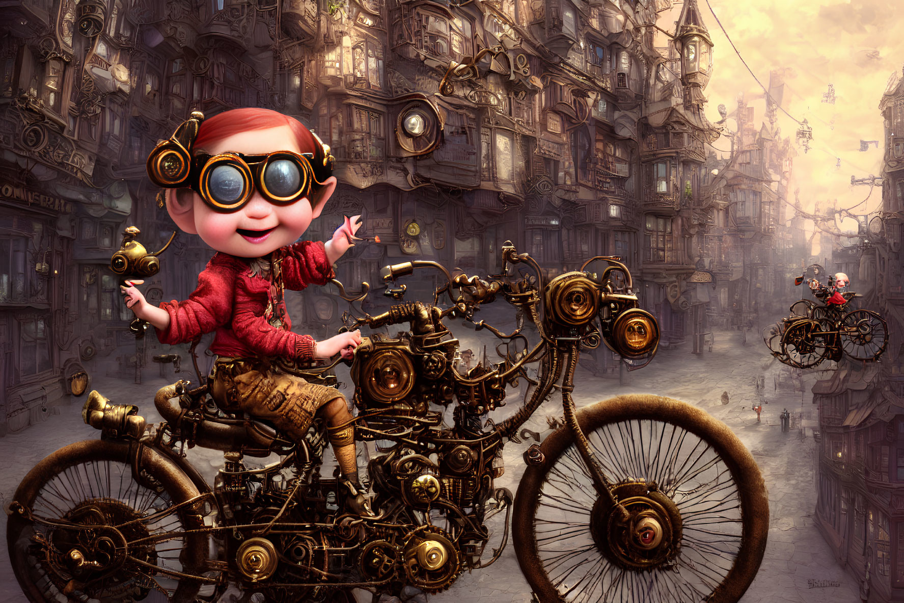 Infant on Steampunk Bicycle in Whimsical Cityscape