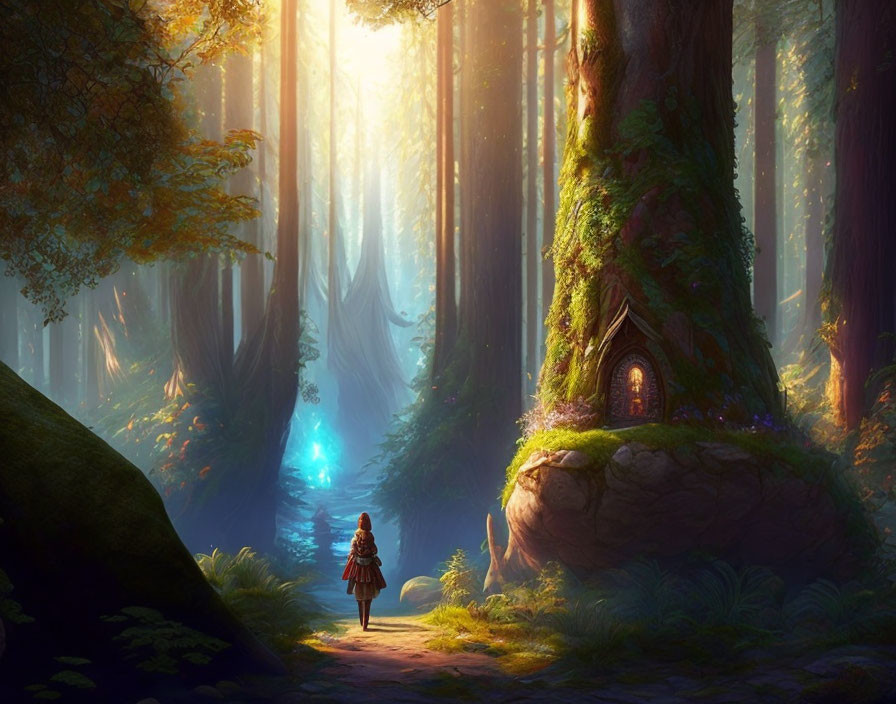 Tranquil forest landscape with tall trees, sunlight, blue glow, figure, and treehouse