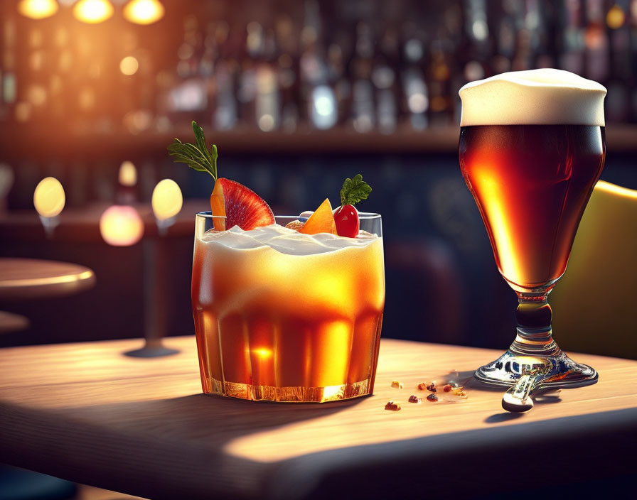 Cocktail and Beer on Bar Counter with Strawberries and Frothy Tulip Glass