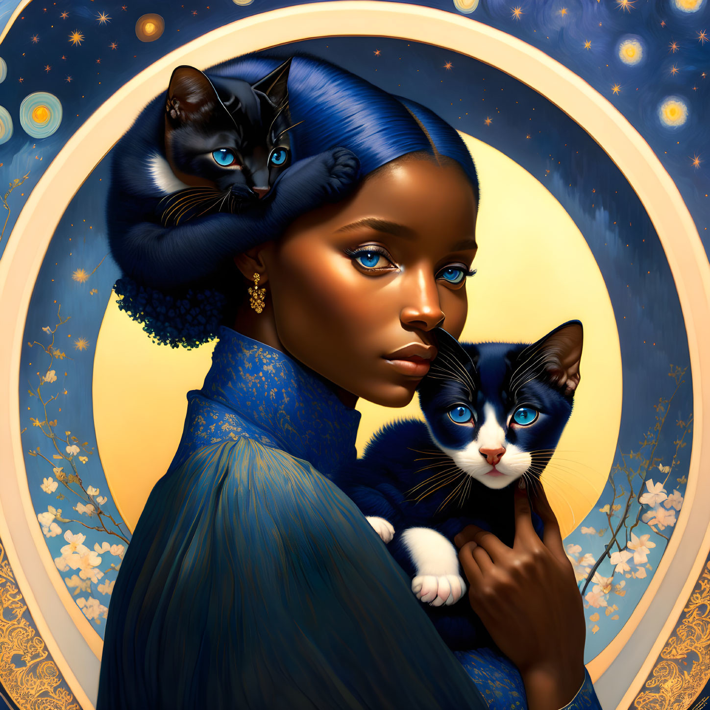 Woman with deep blue eyes holding two cats under golden crescent moon