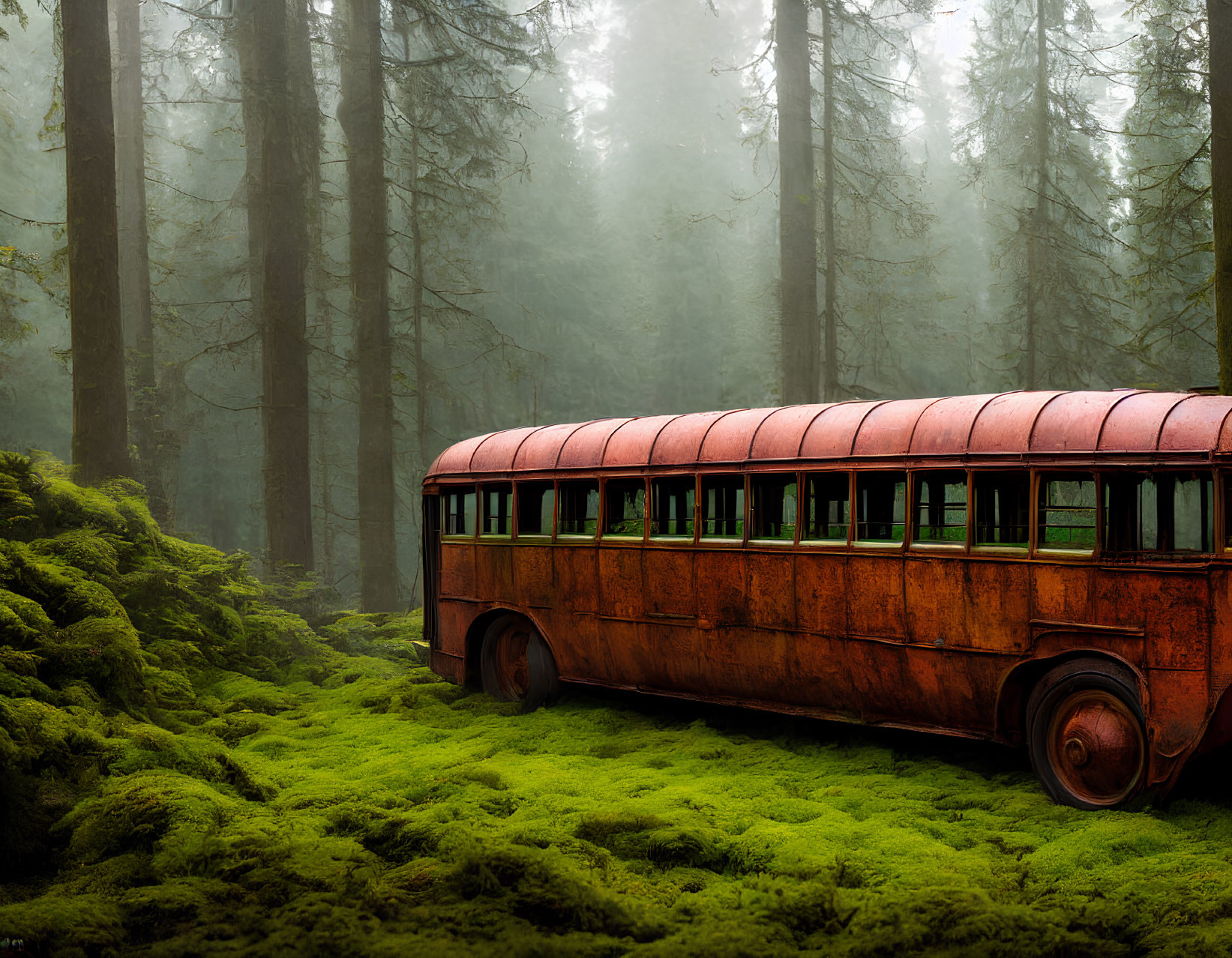 Rusted bus in moss-covered forest under foggy sky