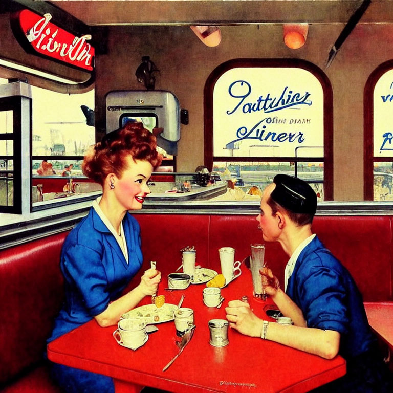 Vintage illustration of woman and boy in diner with Coca-Cola signage