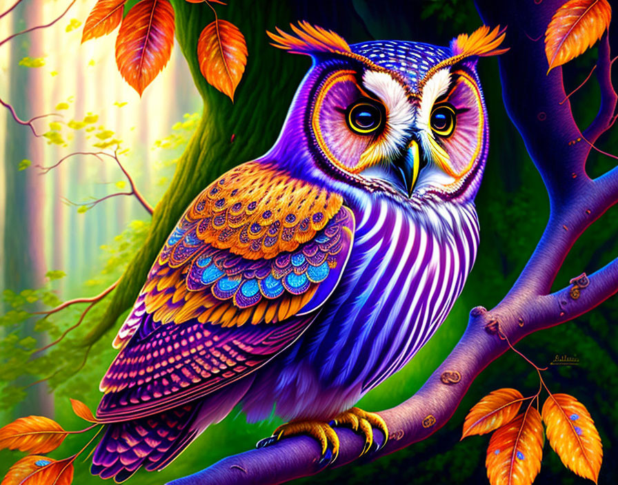 Colorful Owl Illustration Perched on Branch