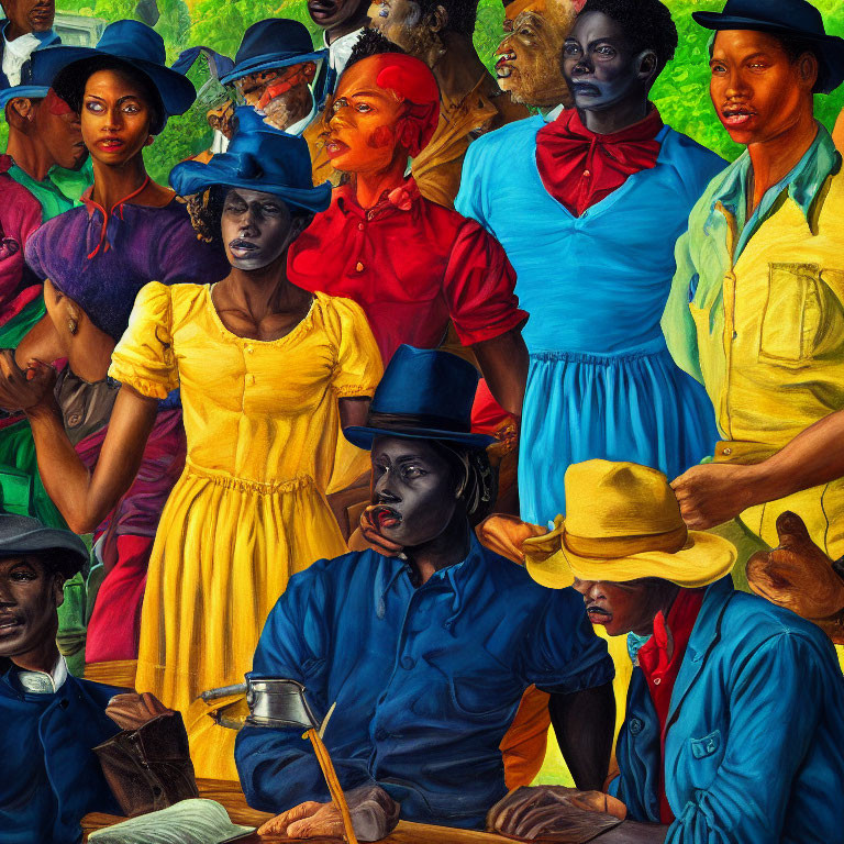 Colorful painting of diverse group in vibrant attire against green backdrop