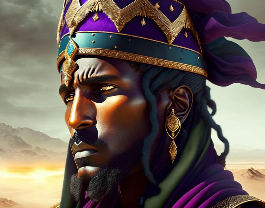 Regal African king digital artwork with golden earring and purple-blue attire against dusky sky